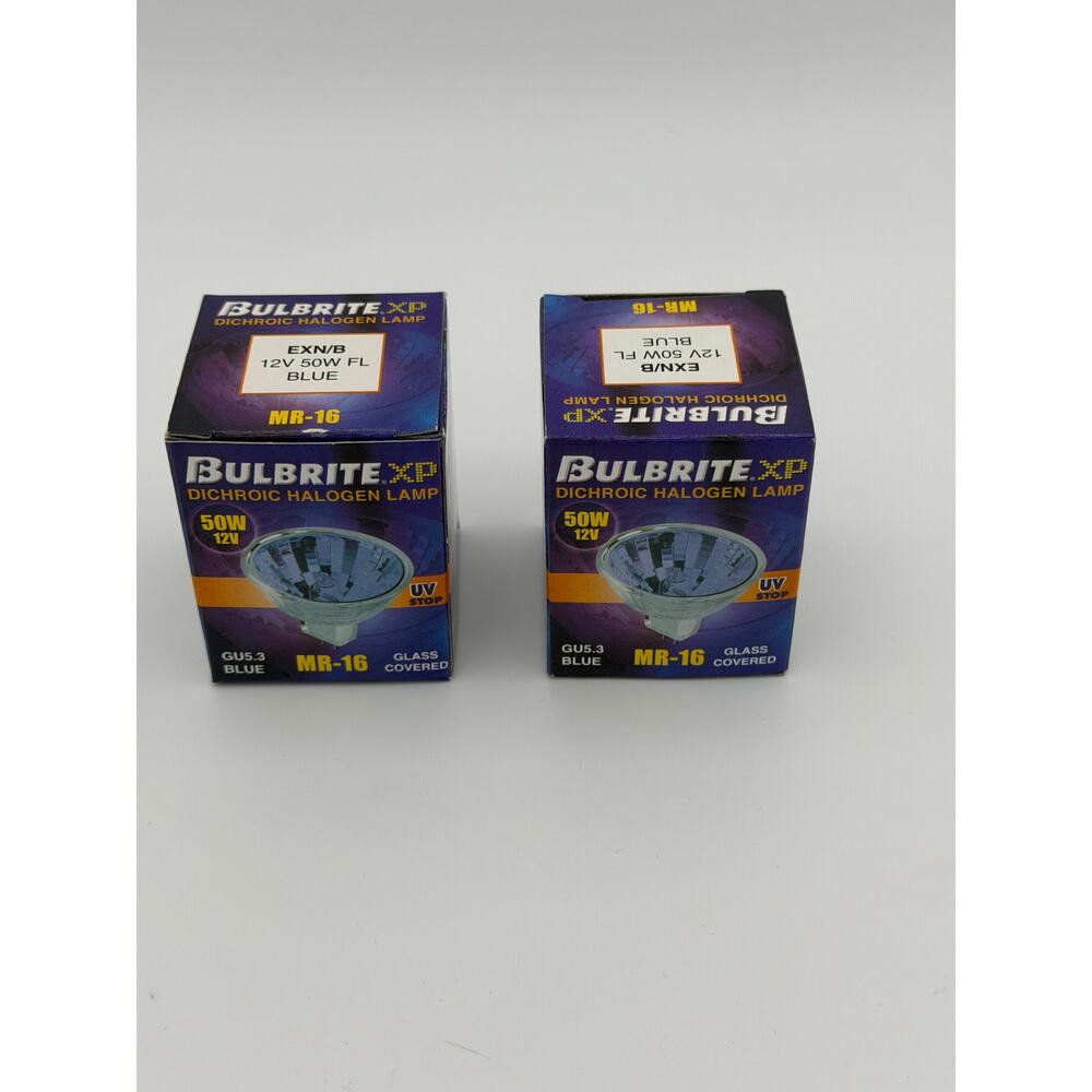 2 NIB Bulbrite EXN/B MR16 Blue Halogen Bulb 50W 12V GU5.3 Dichroic Lamp UV Stop